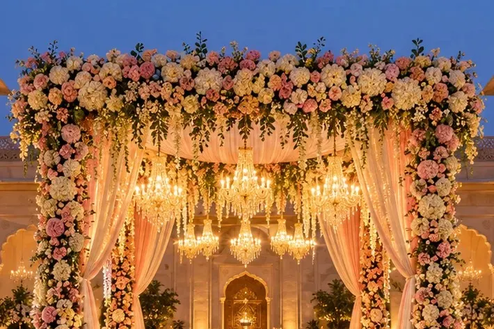 Flower-covered mandap canopy with crystal chandeliers