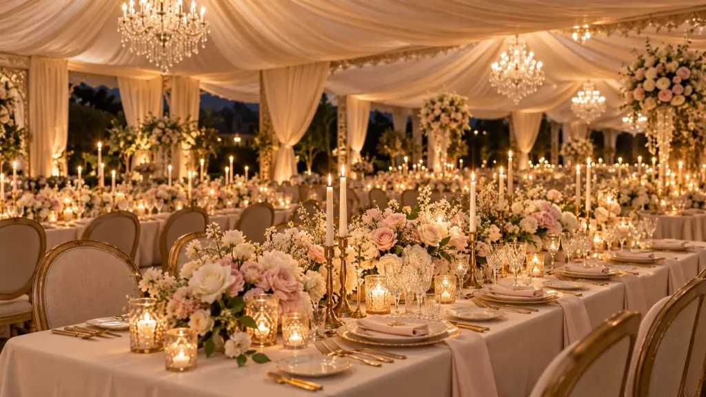 Candle-lit reception dining hall with draped ceiling, chandeliers and rose centrepieces
